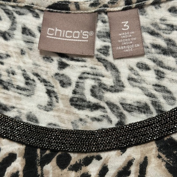 Chico's Black‎ Tan Animal Print Beaded Embellished Neckline Long Sleeve Top 3 XL - Picture 3 of 6